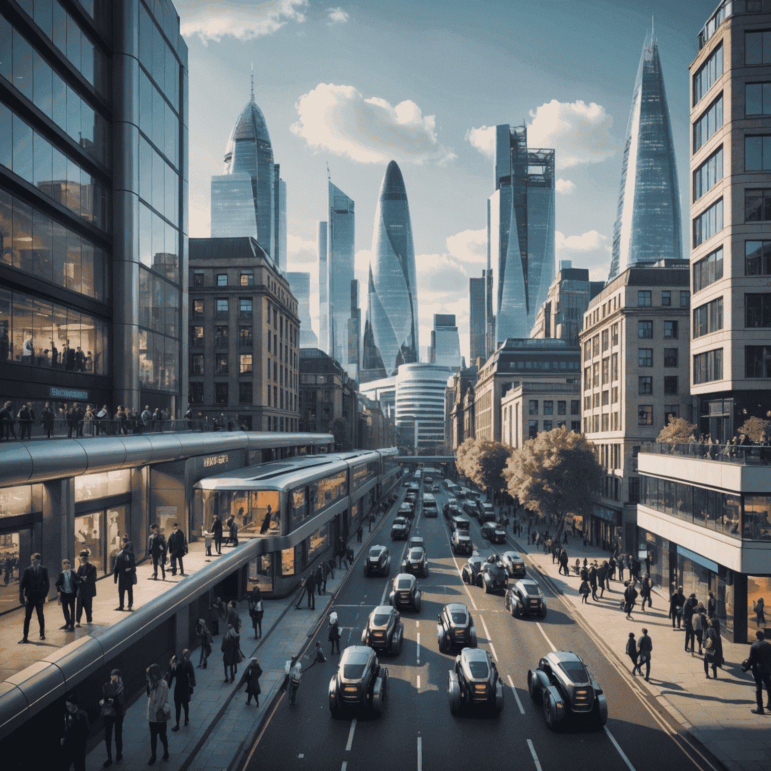 A futuristic cityscape of London with AI-powered robots and humans working side by side in various professions, symbolizing the integration of AI in the UK job market