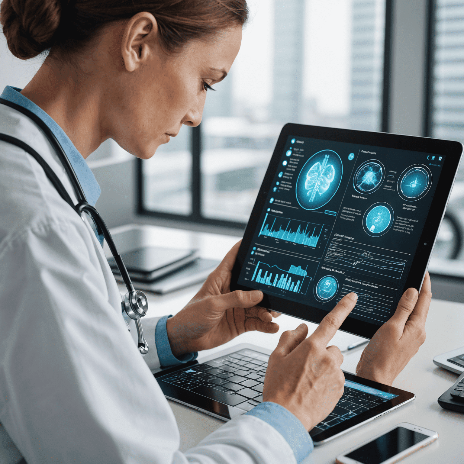 A healthcare professional using a tablet to access electronic health records, with various digital health interfaces visible on surrounding screens.