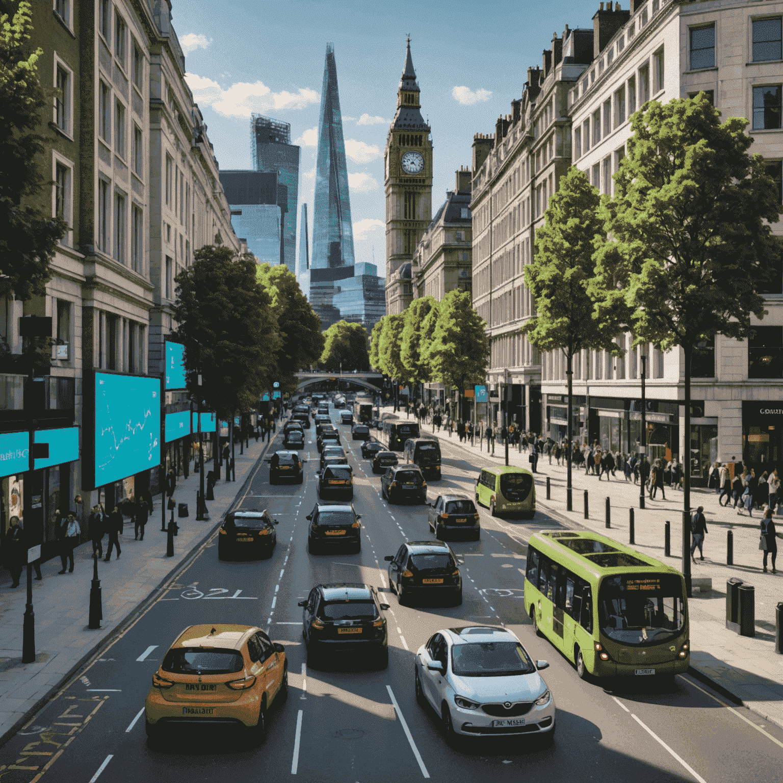 Collage of London's smart city initiatives including data visualization screens, smart traffic management systems, and citizens using digital services